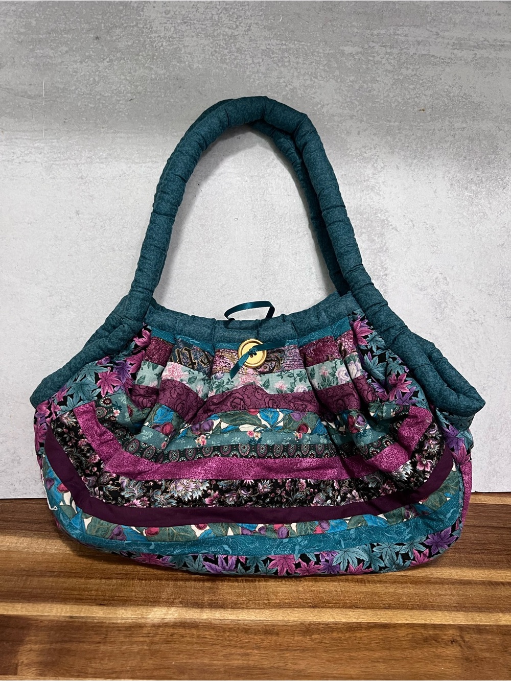Quilted Floral Stripe Shoulder Bag in Teal and Purple